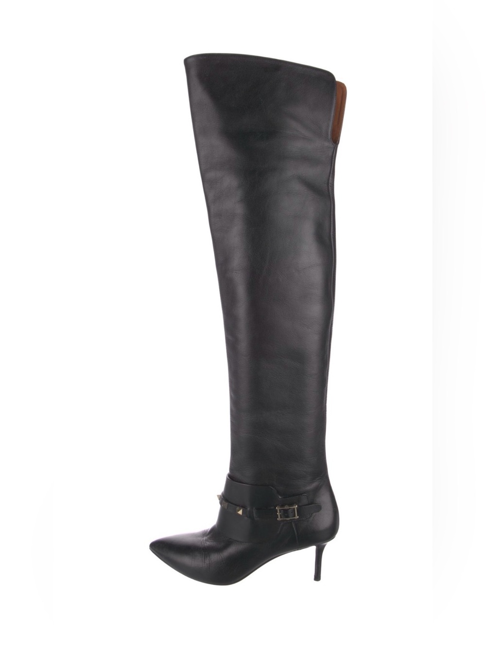 Valentino Garavani Black Leather Over-the-Knee Stiletto Boot with Brown Trim